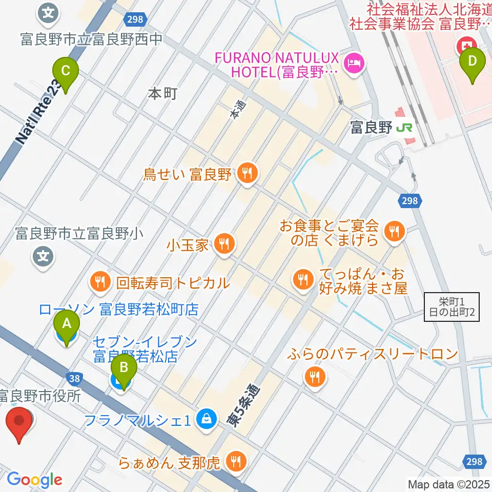 富良野文化会館サンエーホール周辺のコンビニエンスストア一覧地図