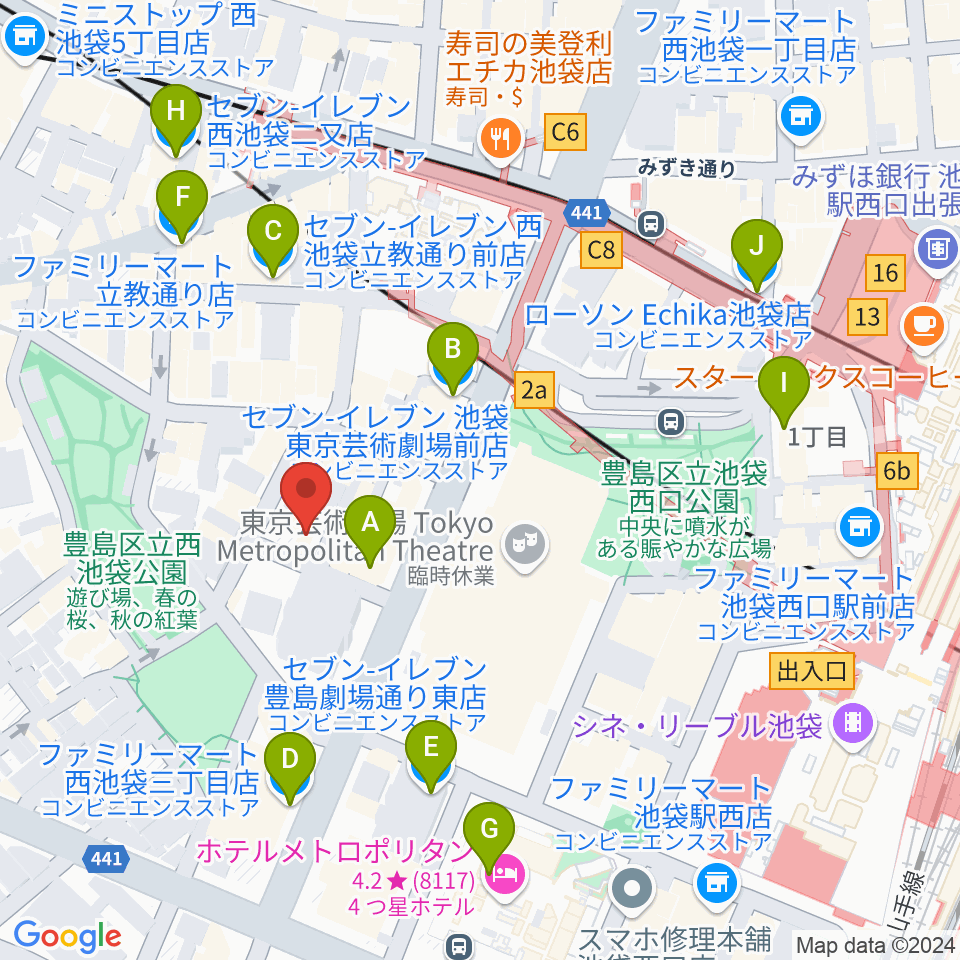 池袋フィールド周辺のコンビニエンスストア一覧地図