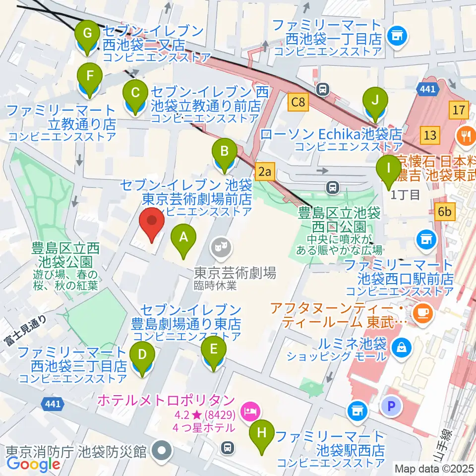 池袋フィールド周辺のコンビニエンスストア一覧地図