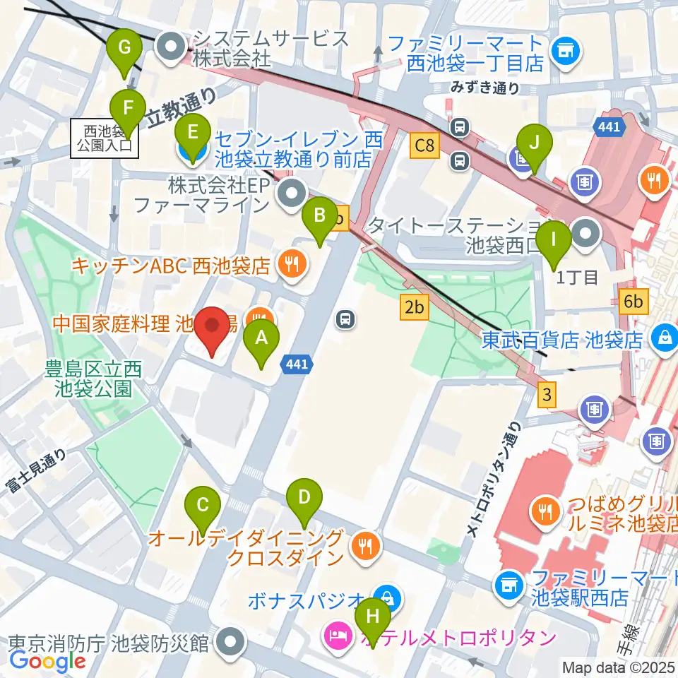 池袋フィールド周辺のコンビニエンスストア一覧地図