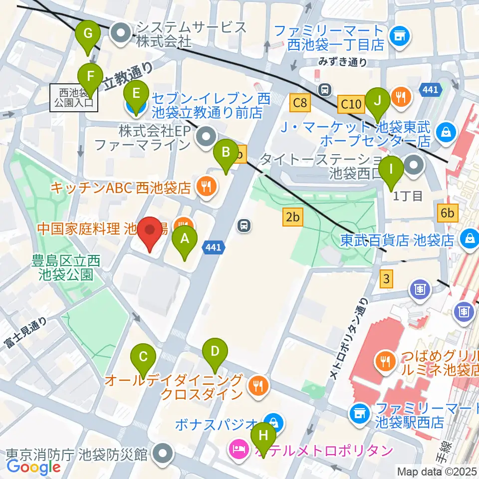 池袋フィールド周辺のコンビニエンスストア一覧地図