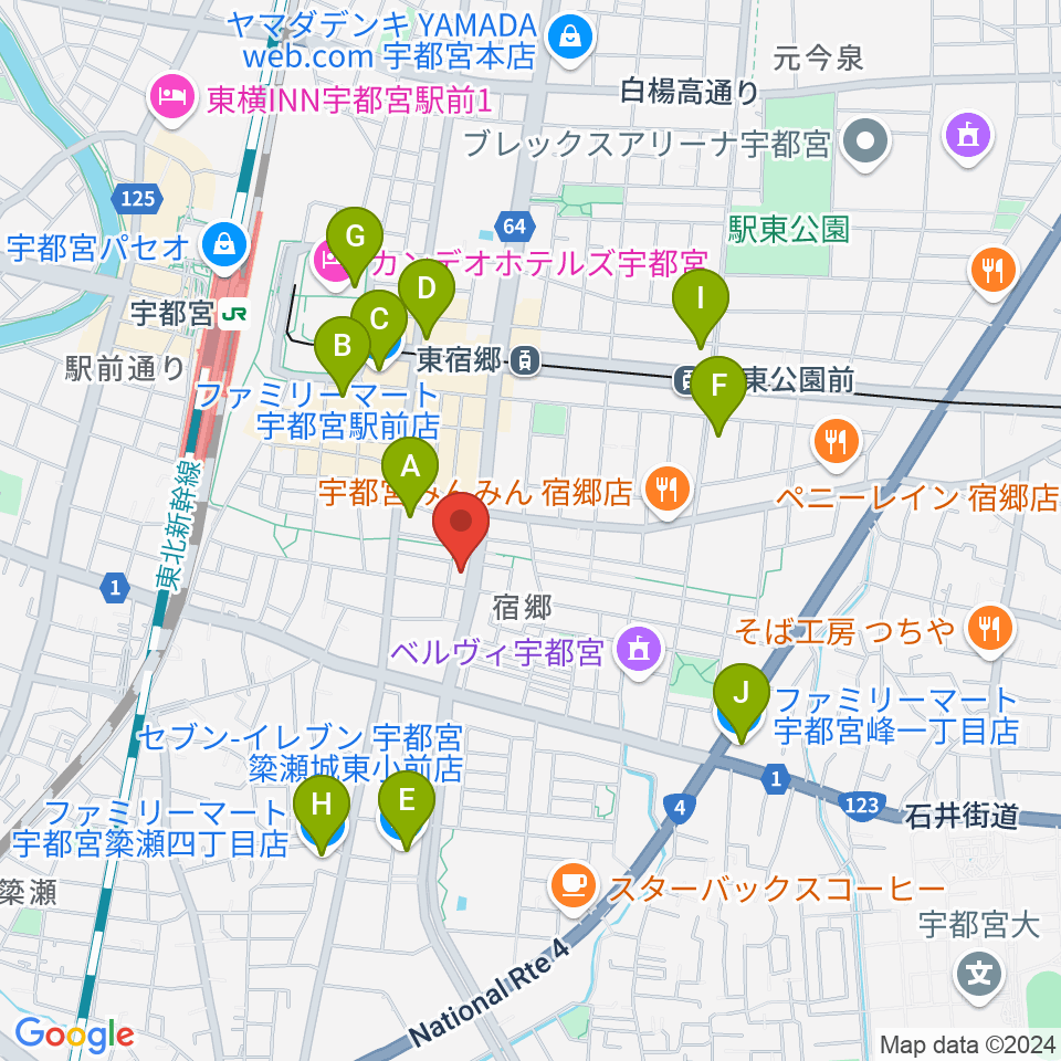 宇都宮センター ヤマハミュージック周辺のコンビニエンスストア一覧地図