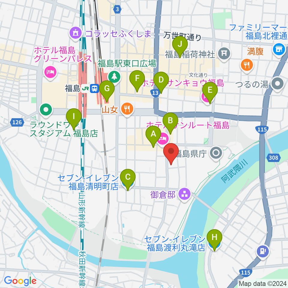 カワイ福島ショップ周辺のコンビニエンスストア一覧地図