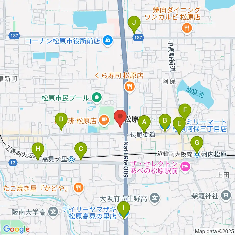カワイ松原ショップ周辺のコンビニエンスストア一覧地図