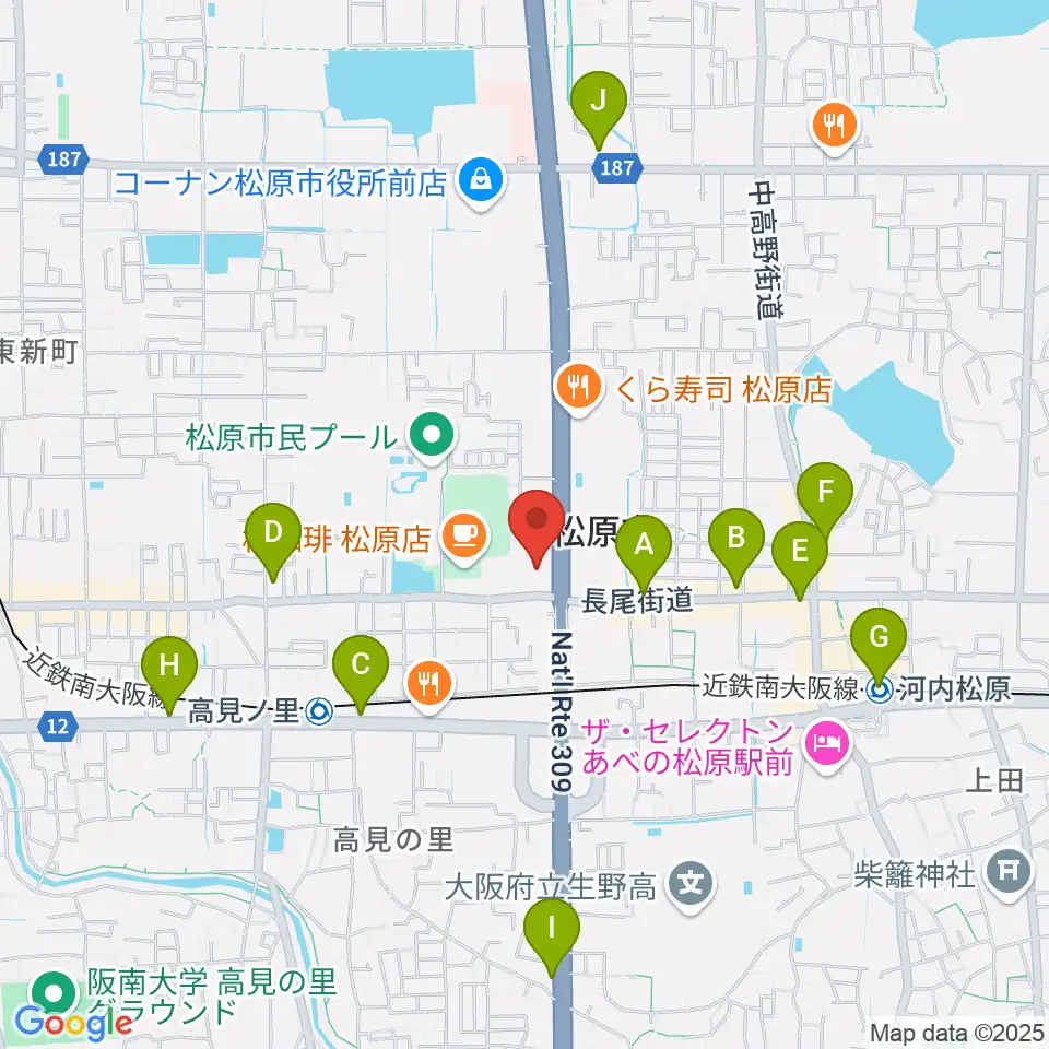 カワイ松原ショップ周辺のコンビニエンスストア一覧地図