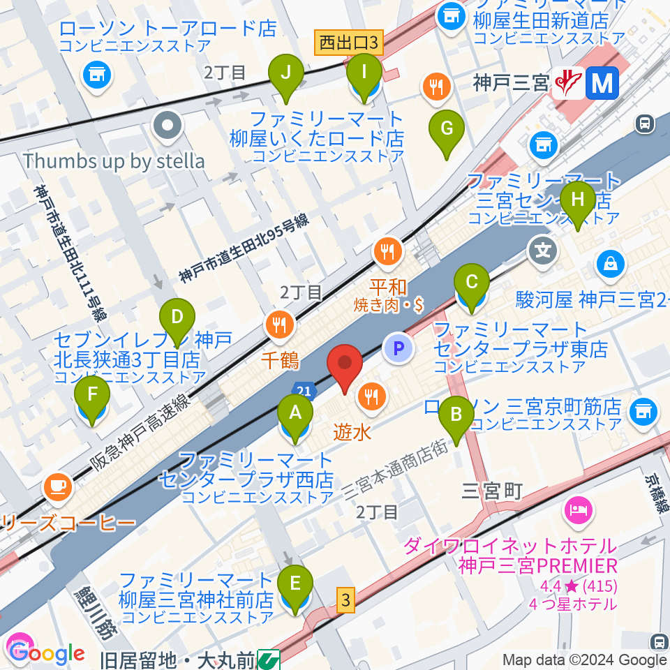 神戸三宮リードマン周辺のコンビニエンスストア一覧地図