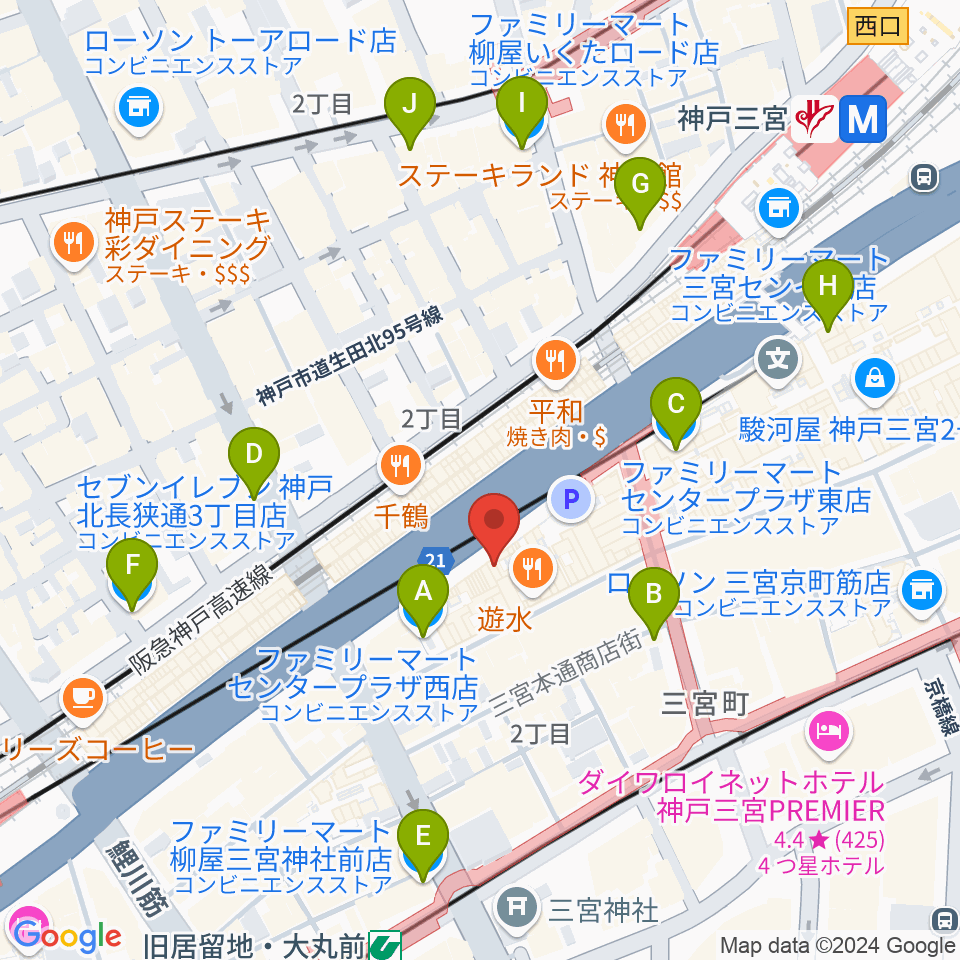 神戸三宮リードマン周辺のコンビニエンスストア一覧地図