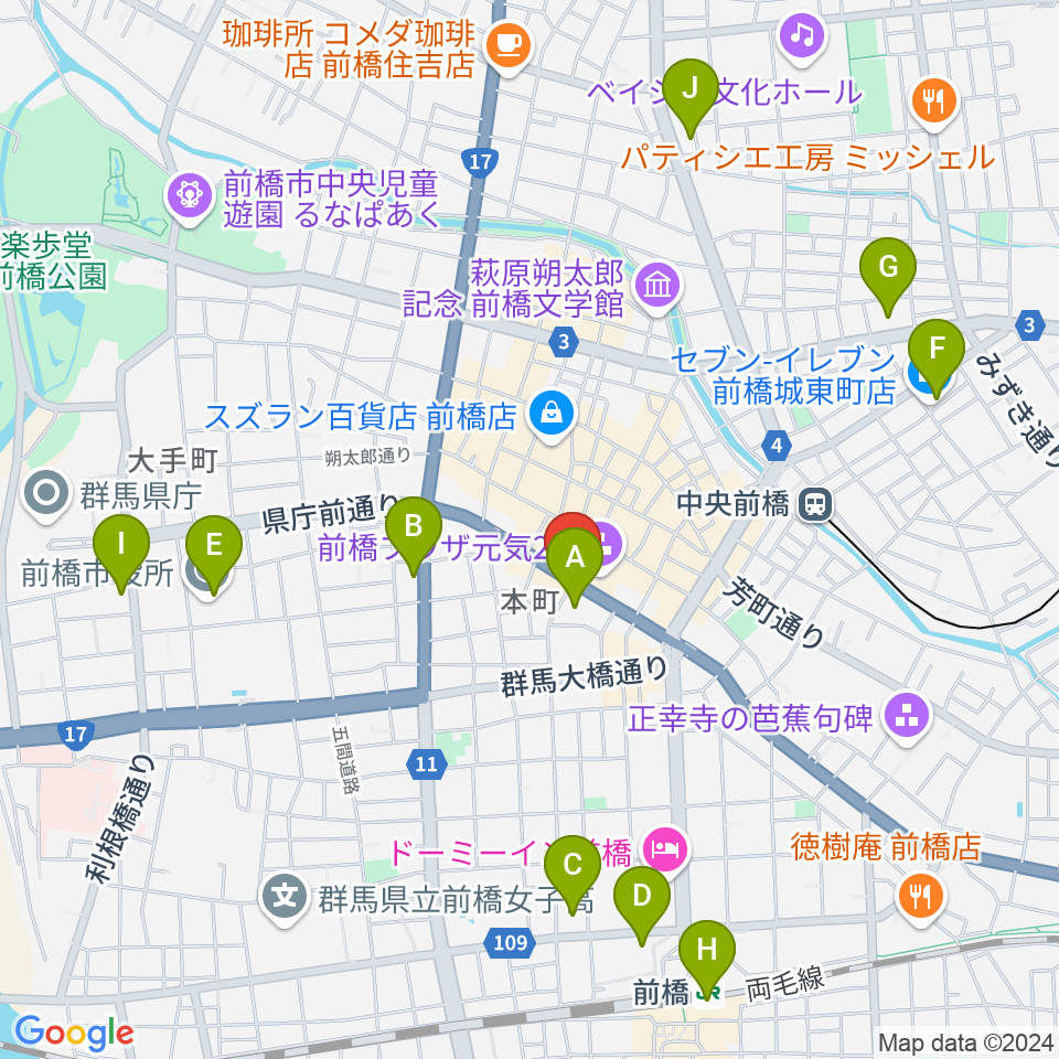 カワイ前橋ショップ周辺のコンビニエンスストア一覧地図