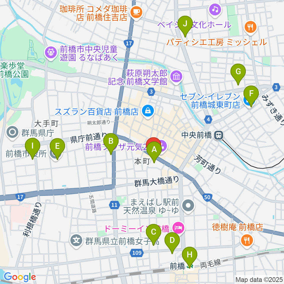 カワイ前橋ショップ周辺のコンビニエンスストア一覧地図