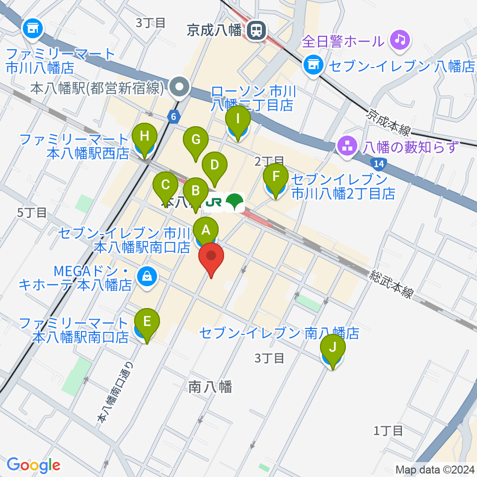 カワイ本八幡店周辺のコンビニエンスストア一覧地図