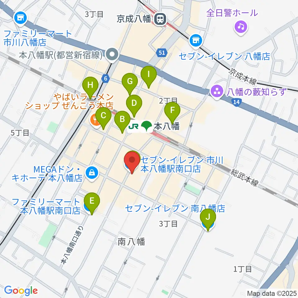 カワイ本八幡店周辺のコンビニエンスストア一覧地図