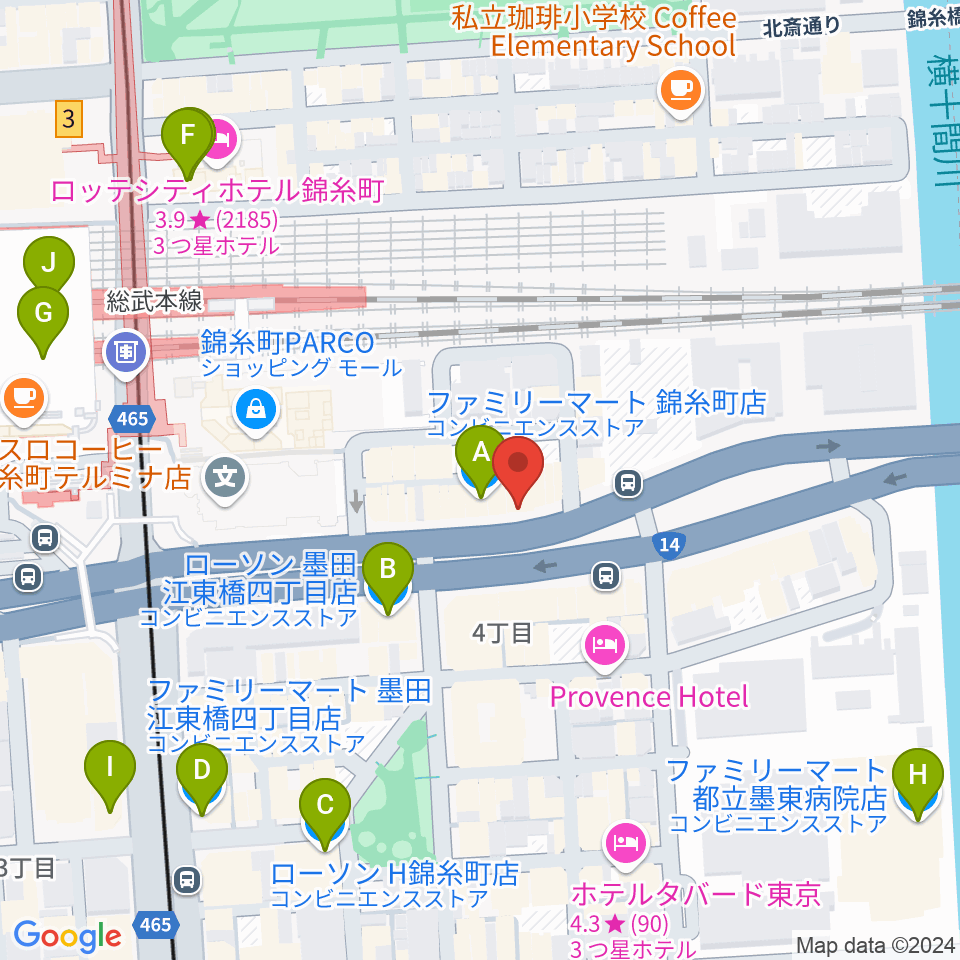 カワイ錦糸町店周辺のコンビニエンスストア一覧地図