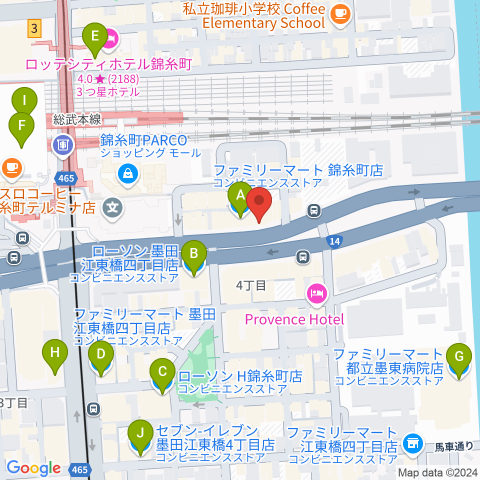 カワイ錦糸町店周辺のコンビニエンスストア一覧地図