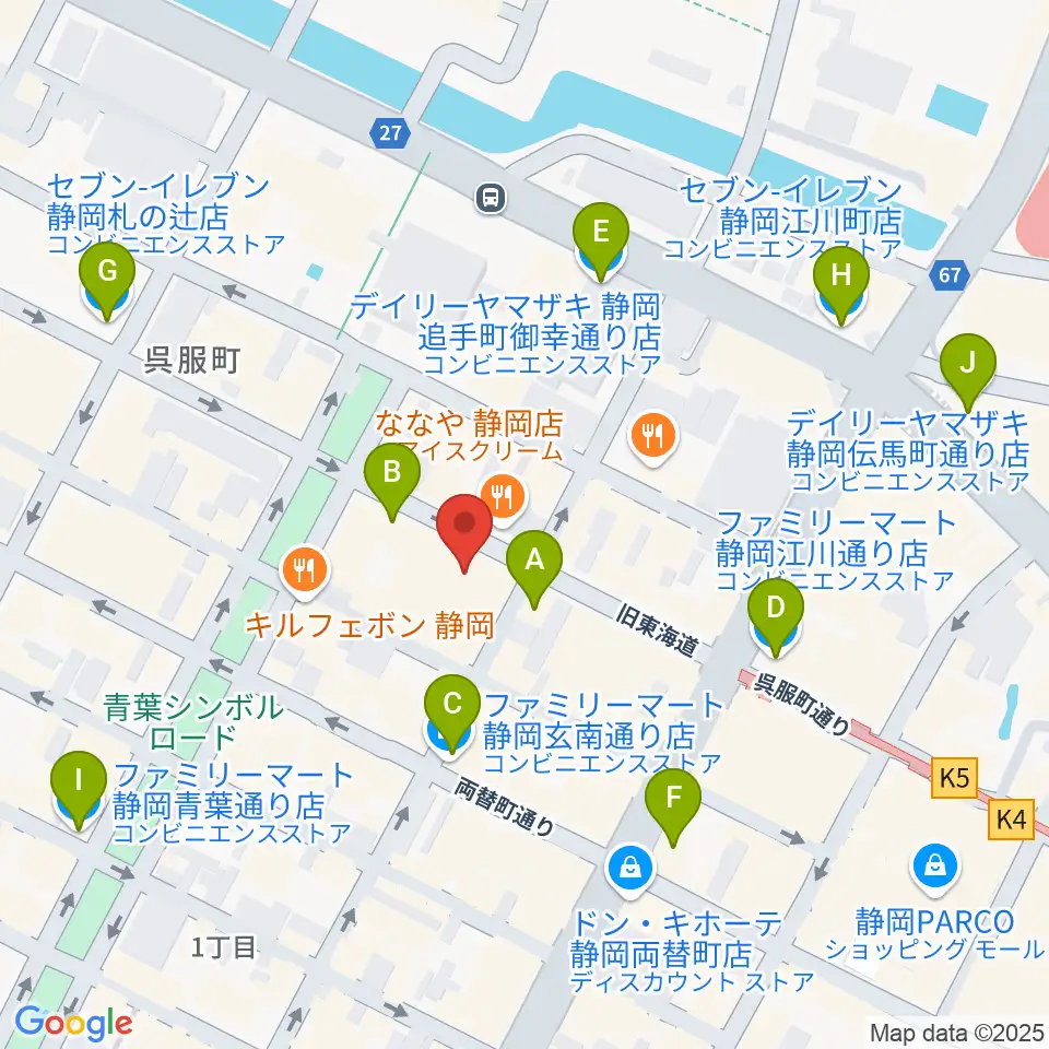 カワイ静岡ショップ周辺のコンビニエンスストア一覧地図