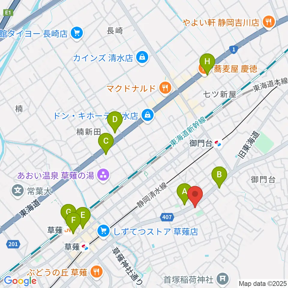 もちづき楽器 静岡草薙センター周辺のコンビニエンスストア一覧地図