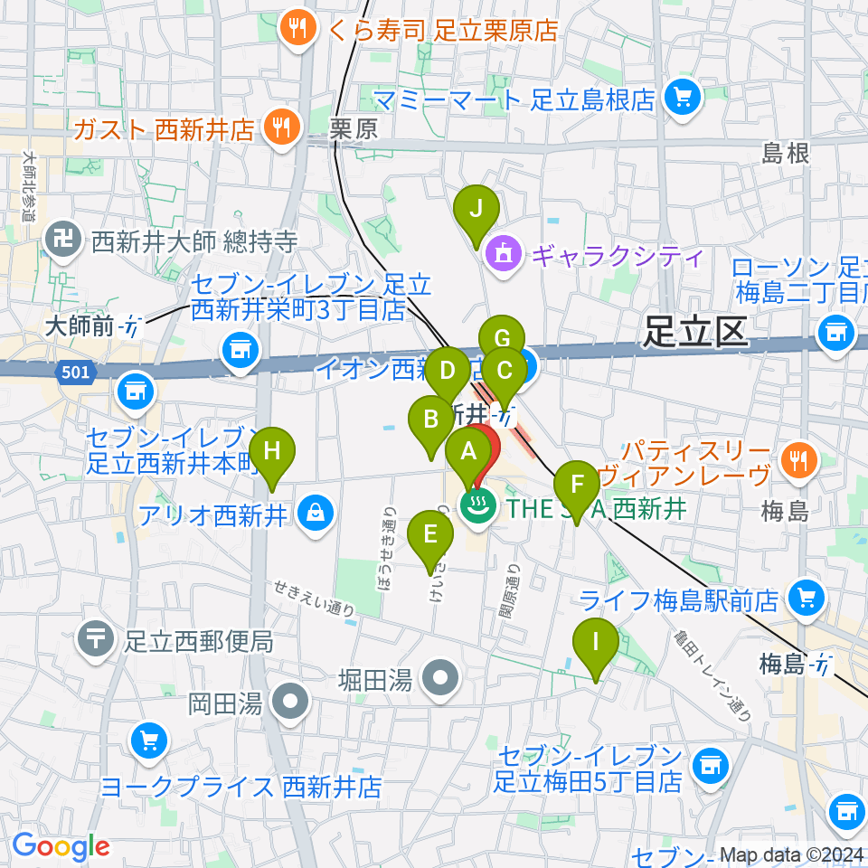 島村楽器 パサージオ西新井店周辺のコンビニエンスストア一覧地図