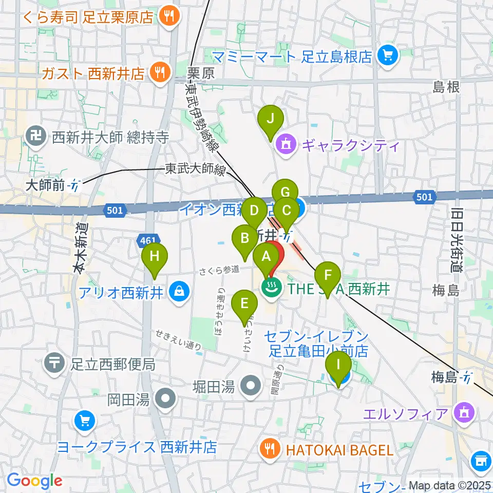 島村楽器 パサージオ西新井店周辺のコンビニエンスストア一覧地図