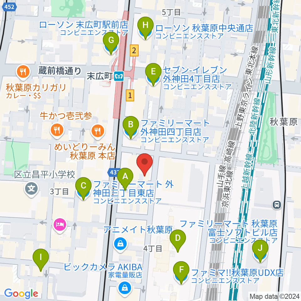 シマムラストリングス秋葉原周辺のコンビニエンスストア一覧地図