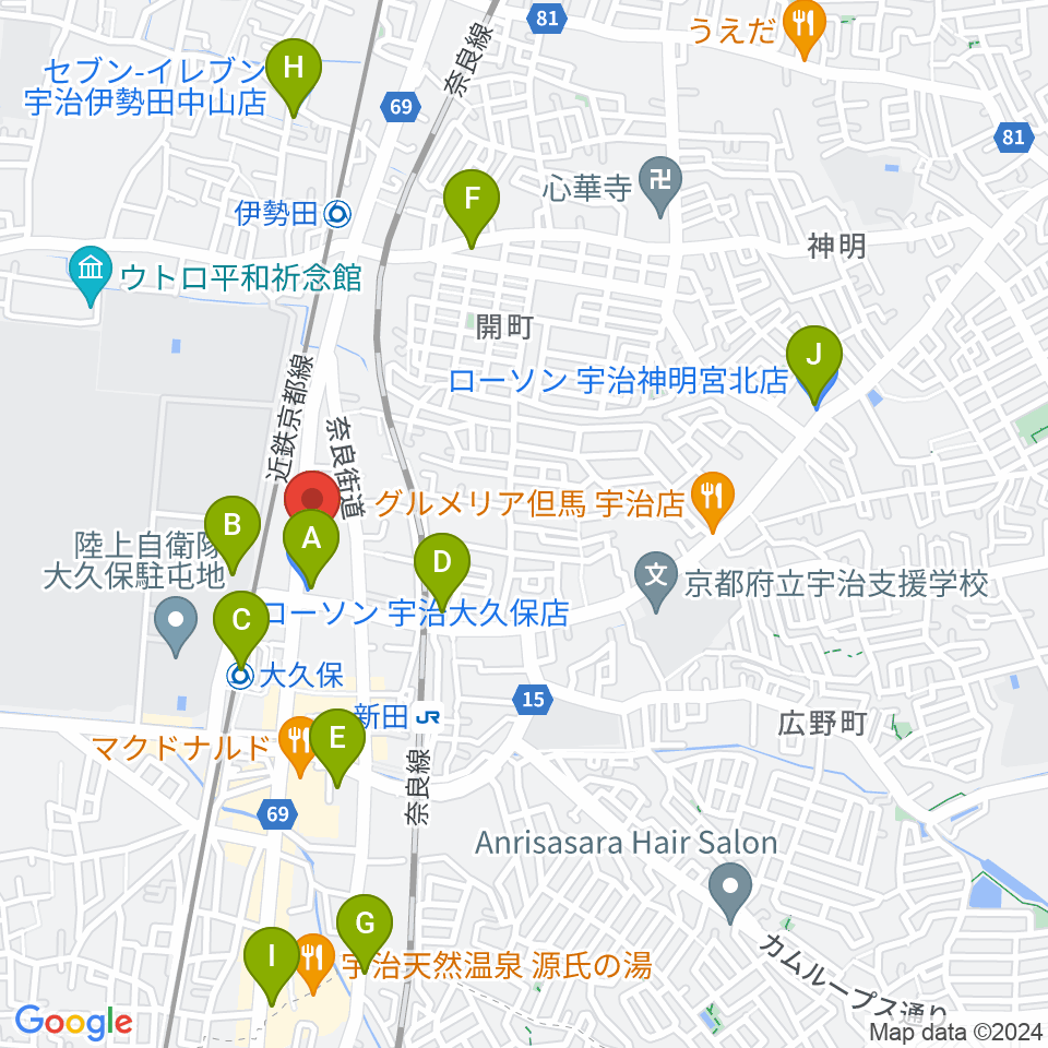 JEUGIA 宇治大久保店周辺のコンビニエンスストア一覧地図