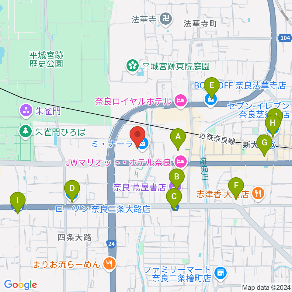 島村楽器ミ・ナーラ奈良店周辺のコンビニエンスストア一覧地図