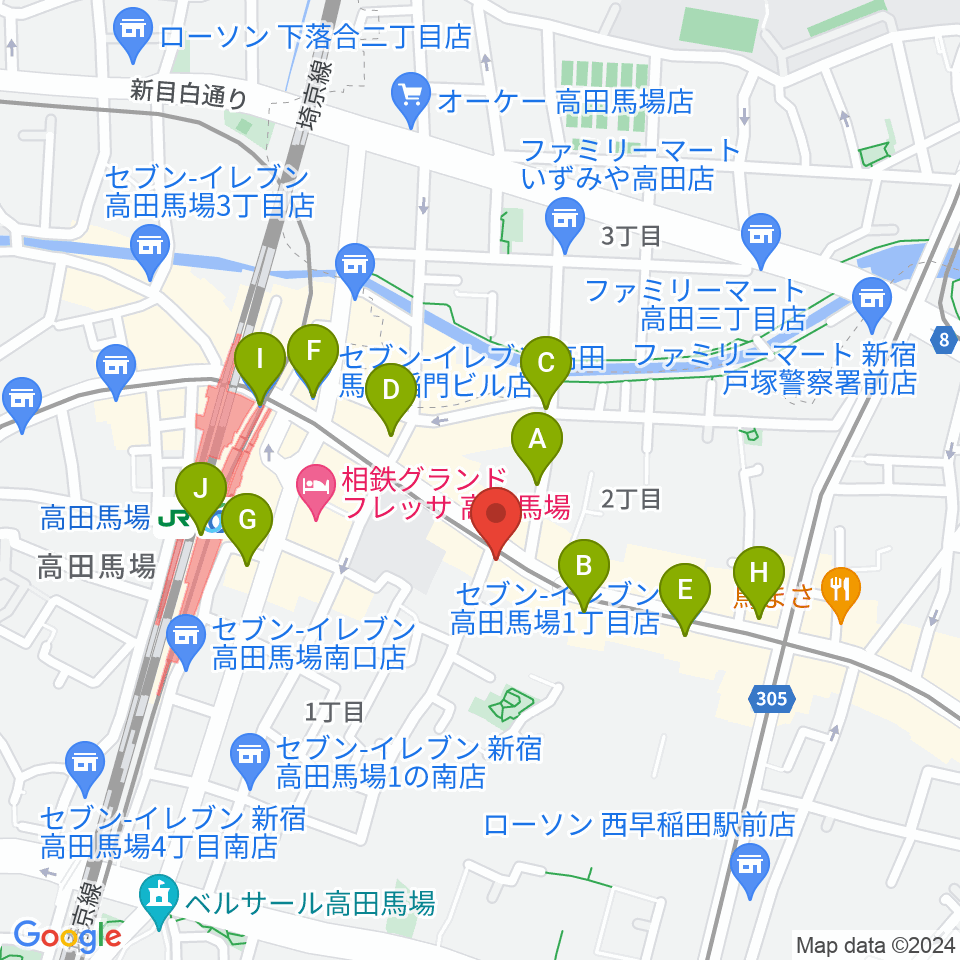 高田馬場カフェコットンクラブ周辺のコンビニエンスストア一覧地図