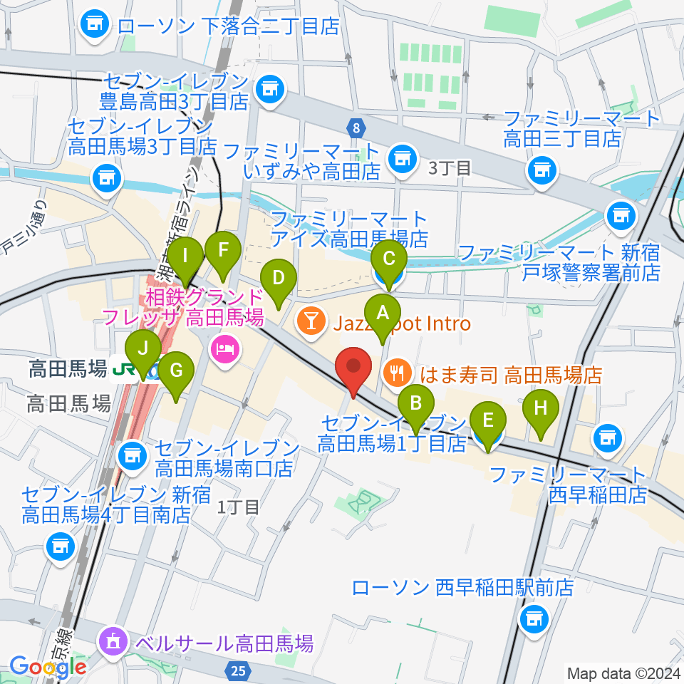 高田馬場カフェコットンクラブ周辺のコンビニエンスストア一覧地図