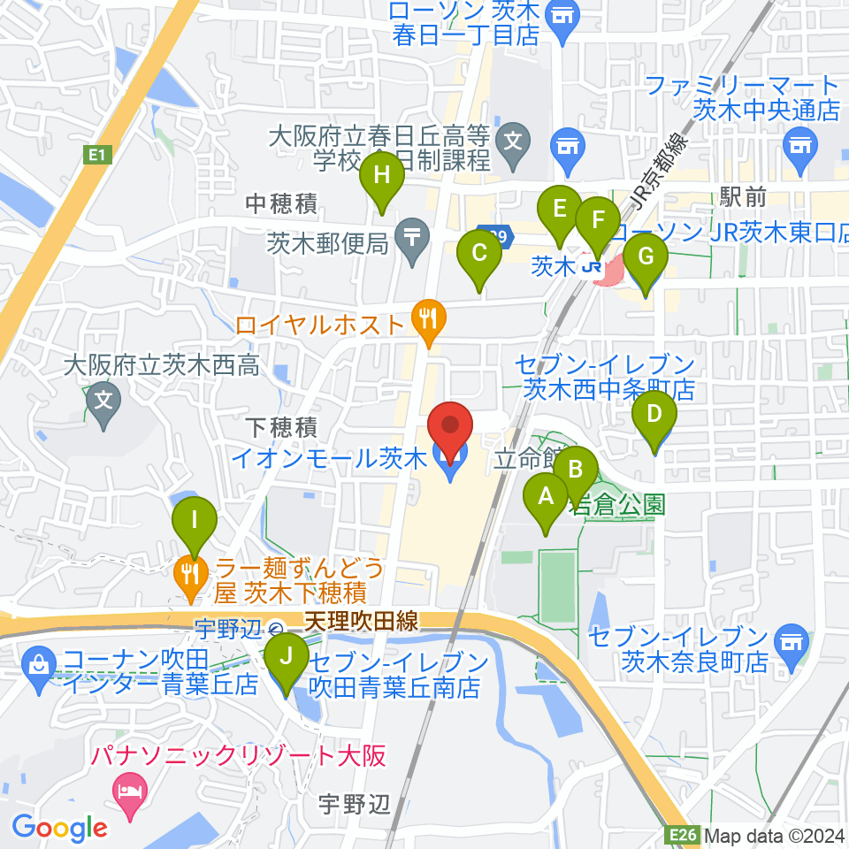 JEUGIAイオンモール茨木店周辺のコンビニエンスストア一覧地図