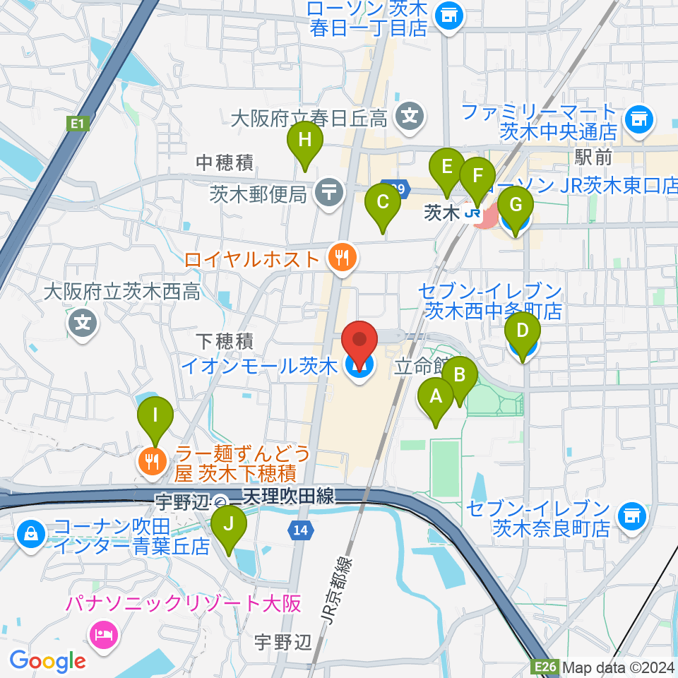 JEUGIAイオンモール茨木店周辺のコンビニエンスストア一覧地図