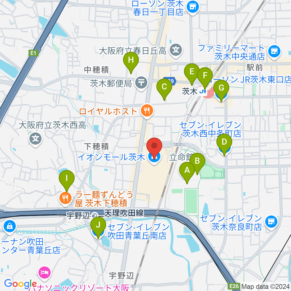 JEUGIAイオンモール茨木店周辺のコンビニエンスストア一覧地図