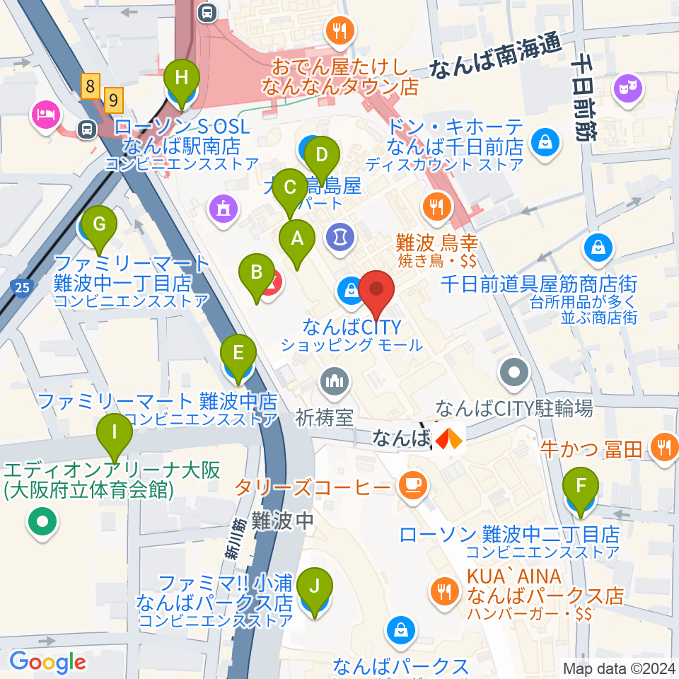 山野楽器ロックイン難波周辺のコンビニエンスストア一覧地図