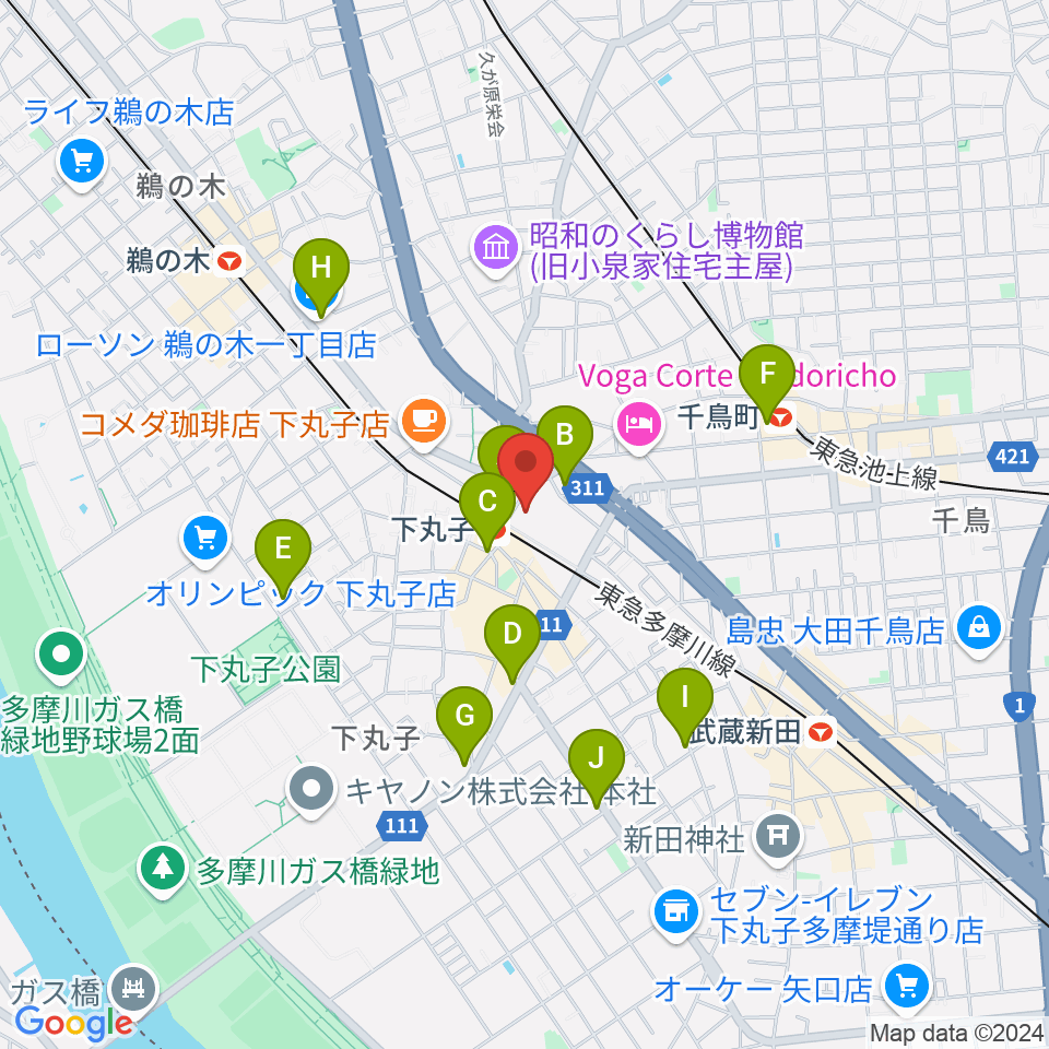 大田区民プラザ周辺のコンビニエンスストア一覧地図