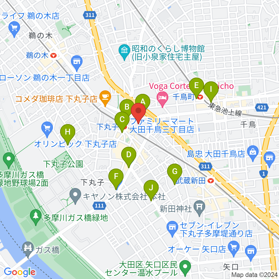 大田区民プラザ 音楽スタジオ周辺のコンビニエンスストア一覧地図