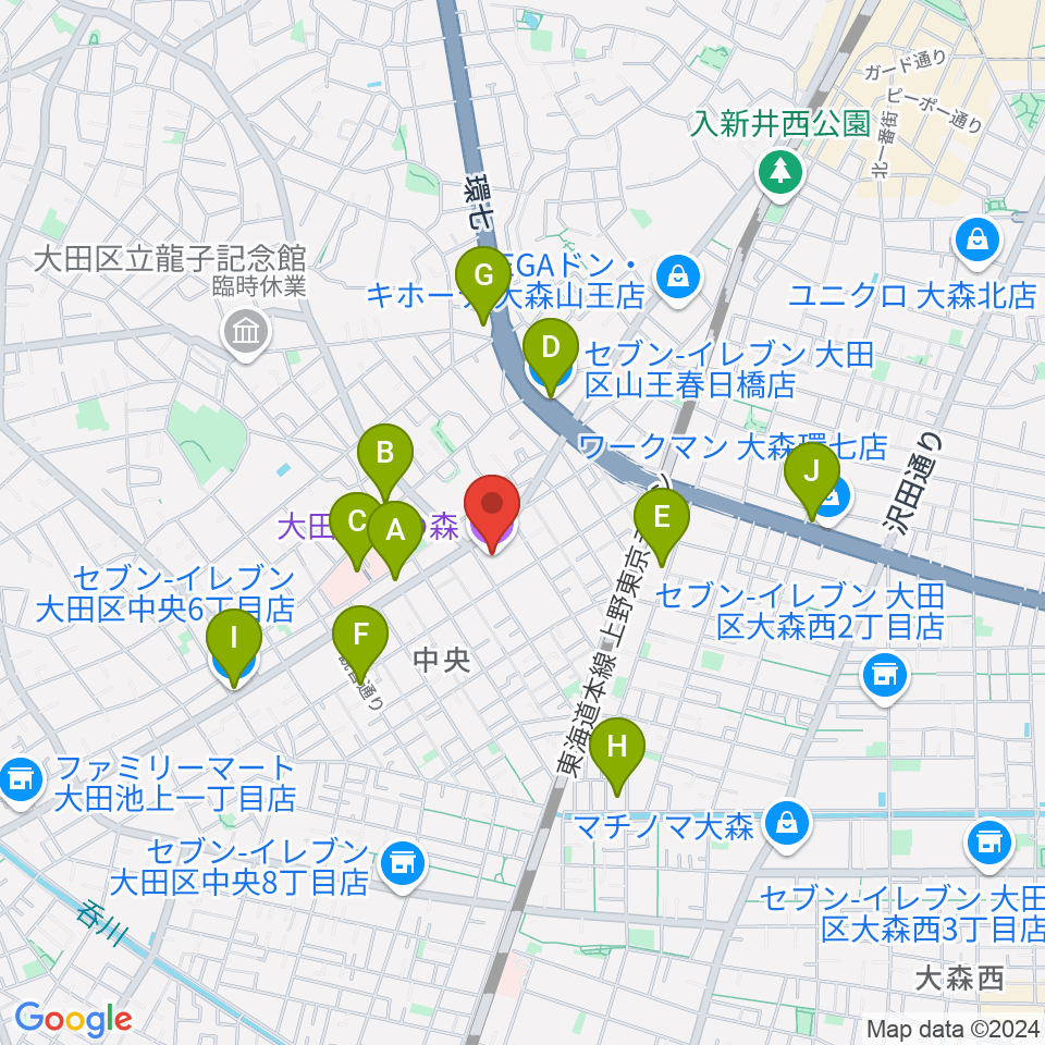 大田文化の森ホール周辺のコンビニエンスストア一覧地図