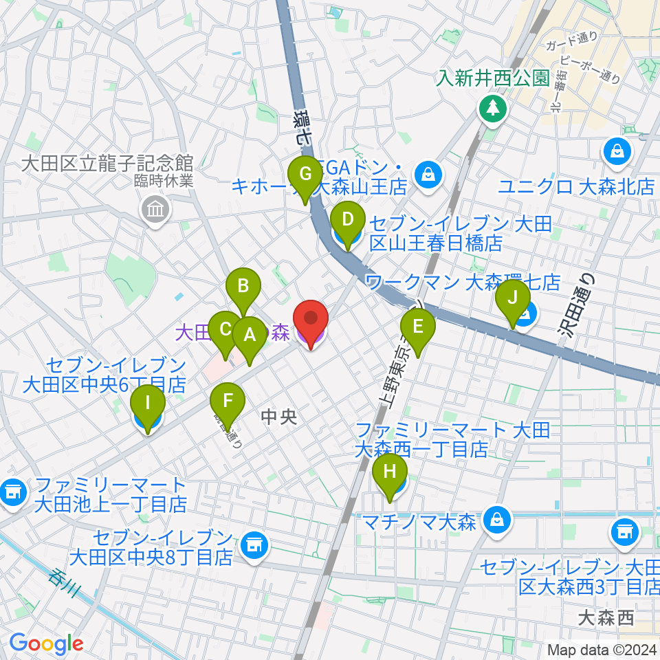 大田文化の森ホール周辺のコンビニエンスストア一覧地図