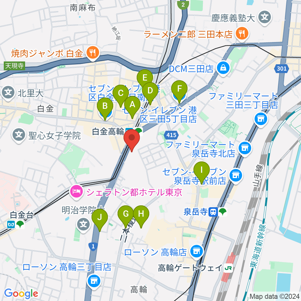 高輪区民センター周辺のコンビニエンスストア一覧地図