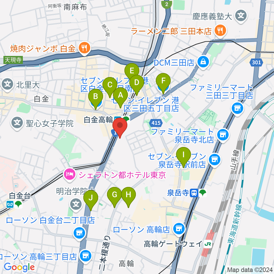 高輪区民センター周辺のコンビニエンスストア一覧地図