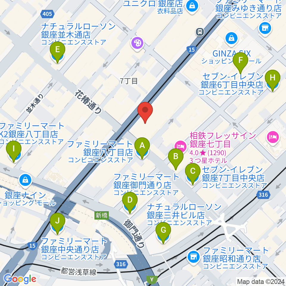 ヤマハ銀座店周辺のコンビニエンスストア一覧地図