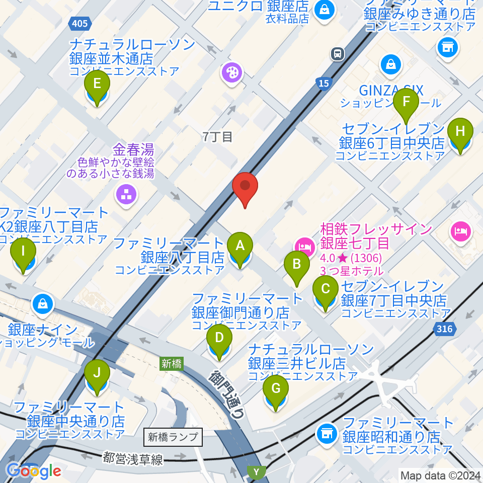 ヤマハ銀座店周辺のコンビニエンスストア一覧地図