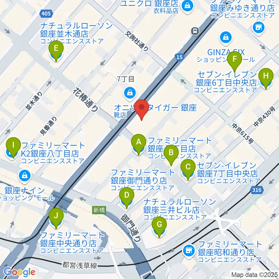 ヤマハ銀座店周辺のコンビニエンスストア一覧地図