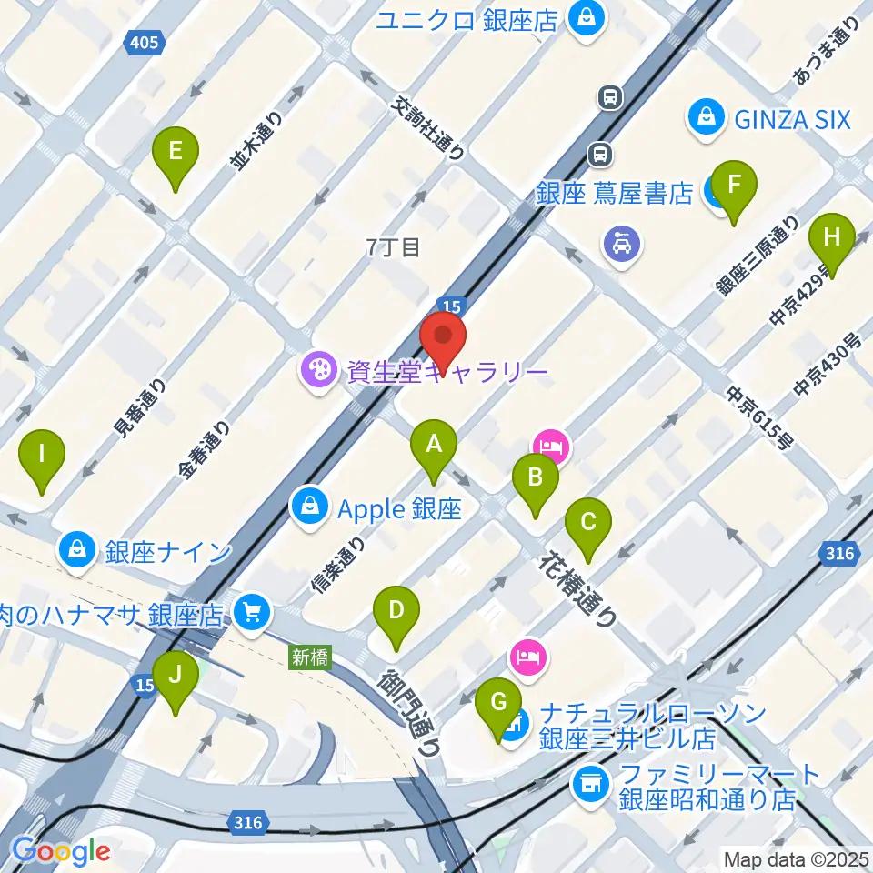 ヤマハ銀座店周辺のコンビニエンスストア一覧地図