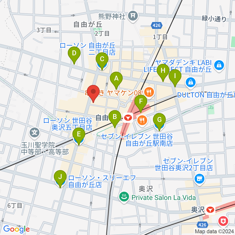 ミュージックアベニュー自由が丘 ヤマハミュージック周辺のコンビニエンスストア一覧地図