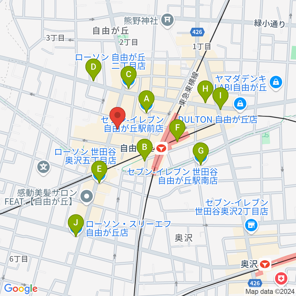 ミュージックアベニュー自由が丘 ヤマハミュージック周辺のコンビニエンスストア一覧地図