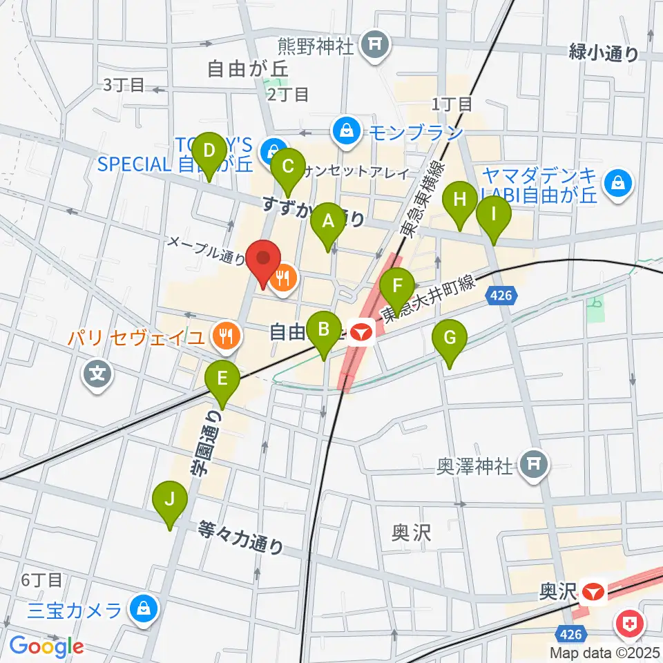 ミュージックアベニュー自由が丘 ヤマハミュージック周辺のコンビニエンスストア一覧地図