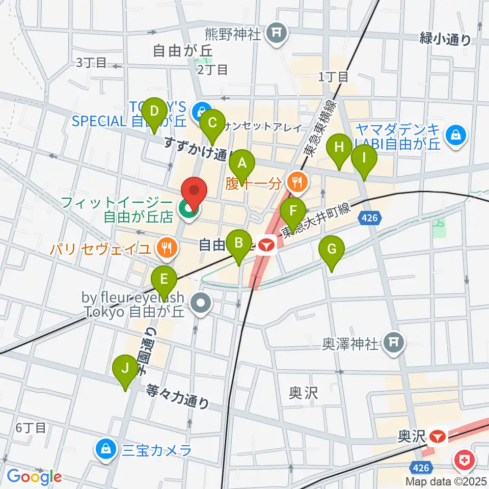 ミュージックアベニュー自由が丘 ヤマハミュージック周辺のコンビニエンスストア一覧地図