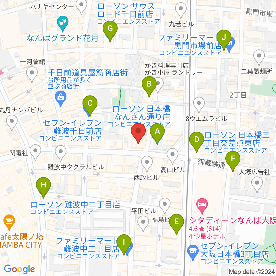 難波の楽器店テイクオフ周辺のコンビニエンスストア一覧地図