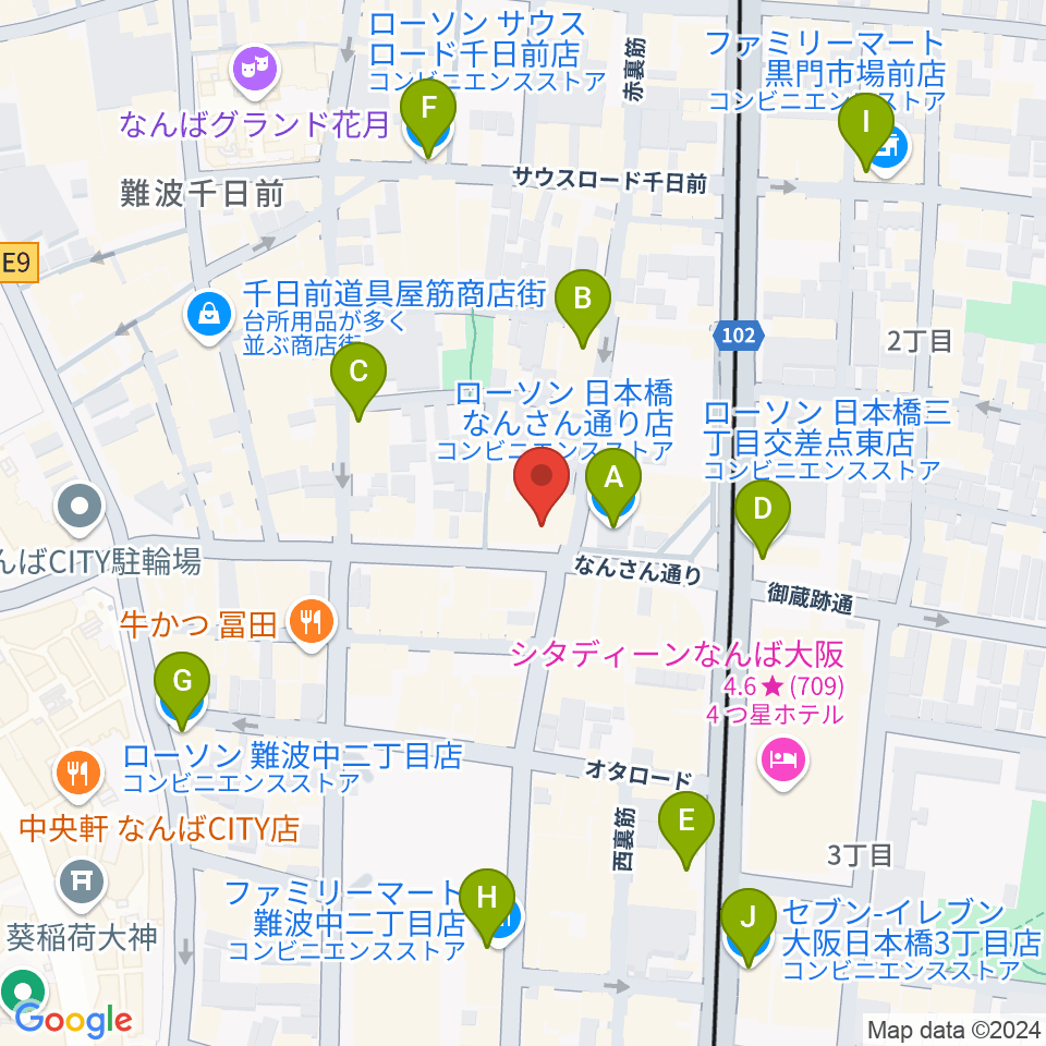 難波の楽器店テイクオフ周辺のコンビニエンスストア一覧地図