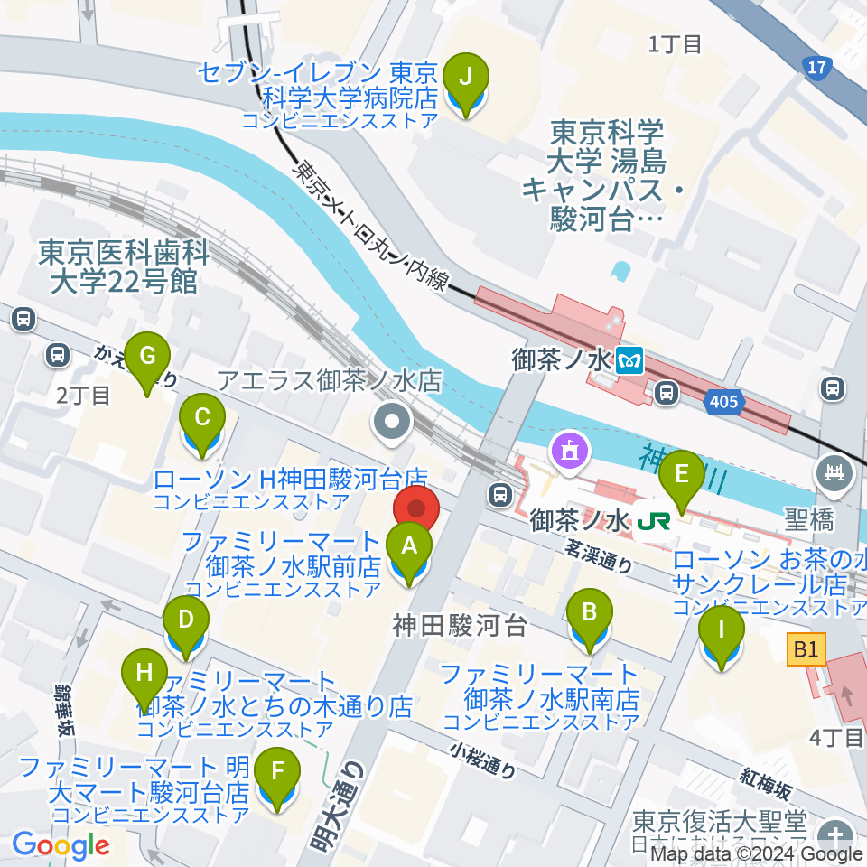 ギタープラネット・アコースティック＆ウクレレ館周辺のコンビニエンスストア一覧地図