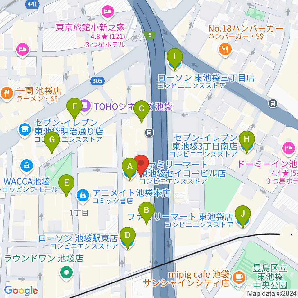 フジゲンカスタムハウス池袋周辺のコンビニエンスストア一覧地図