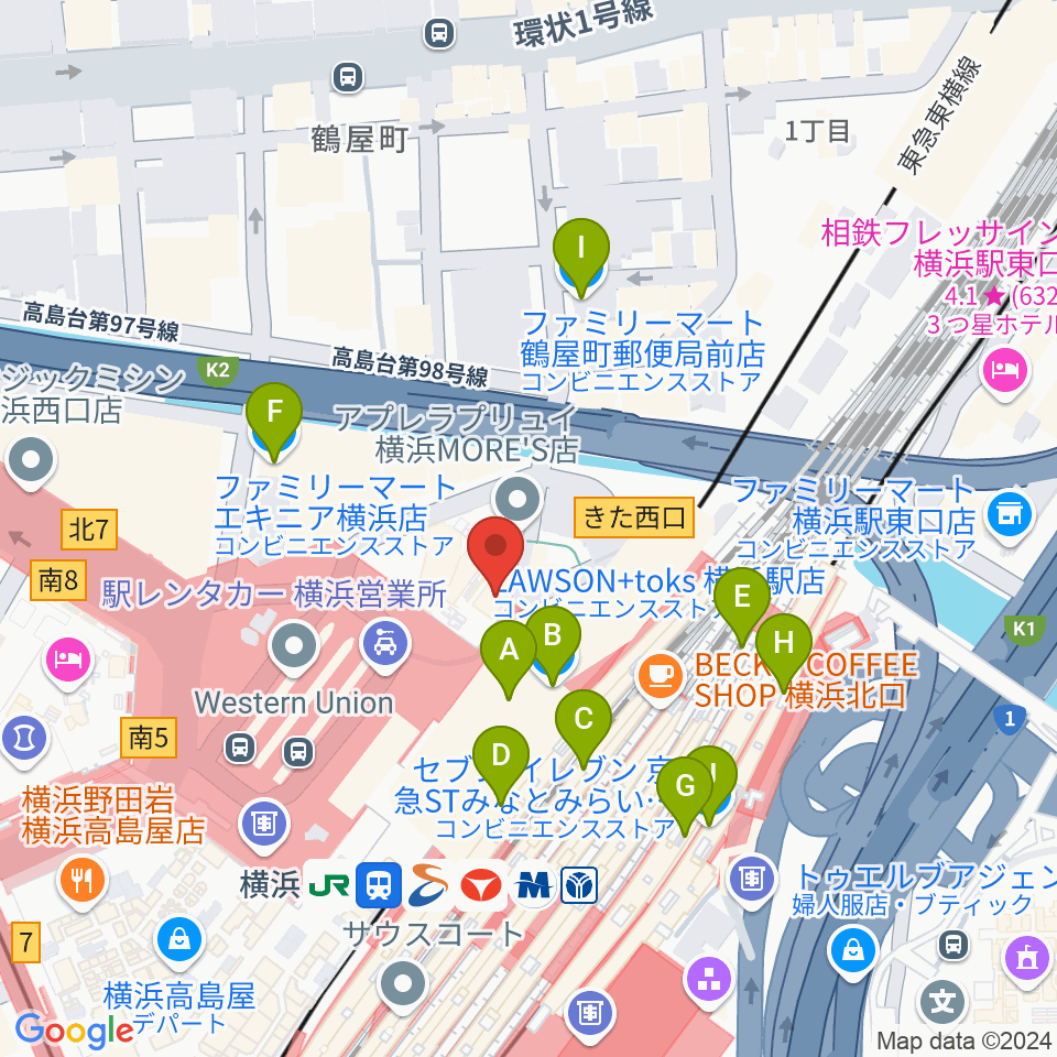 クロサワ楽器横浜店周辺のコンビニエンスストア一覧地図