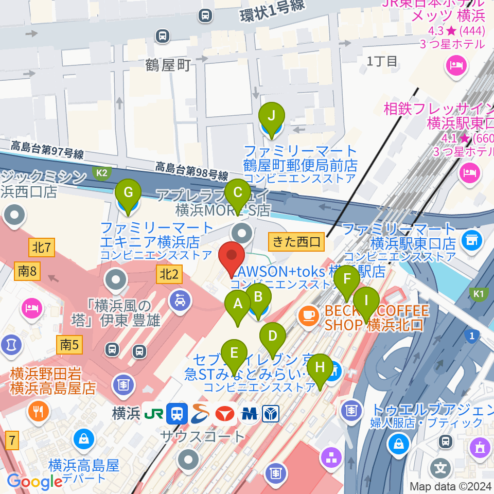 クロサワ楽器横浜店周辺のコンビニエンスストア一覧地図